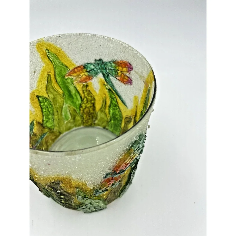 Vtg Pier‎ One Mosaic Glass Dragonfly Pillar Candle Holder 6x5